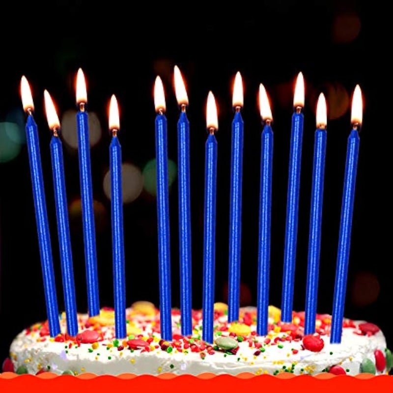 XNOVA 12 Count Long Thin Blue Birthday Cake Candles in Holders for Birthday Wedding Party Cupcake Decorations Tall Candles - Image 1